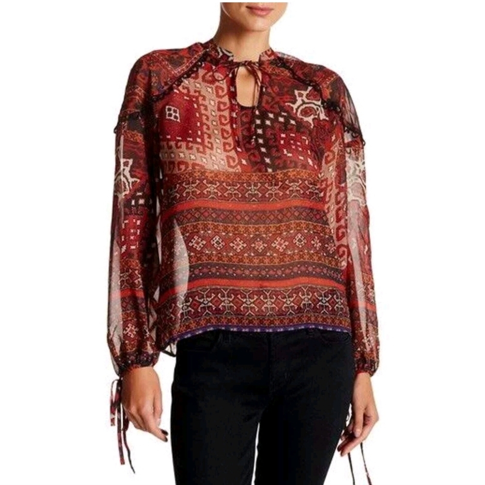 Romeo and Juliet couture woman's boho multiprint long sleeve chiffon Top sz L